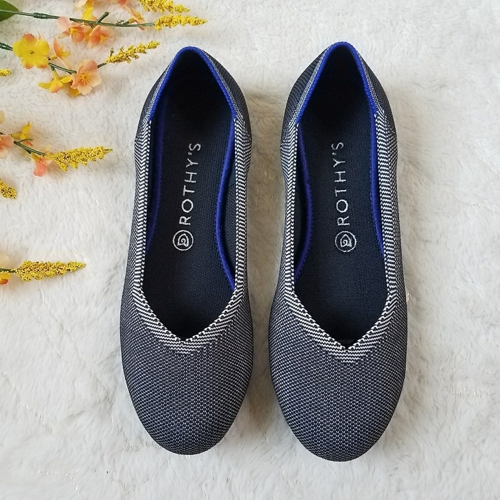 Rothy's The Flat Cloud Grey Black Blue Birdseye Round Toe Flats